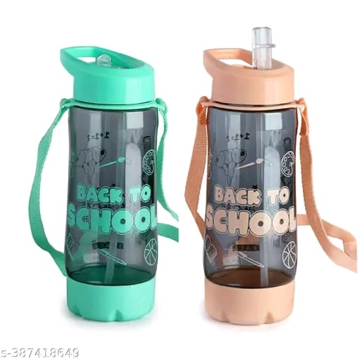 SPACE School Trendy 600ML water bottle with Straw & Belt for kids | School Bottle | Picnic Bottle |Sipper Bottle | Kids waterbag ( Pack of 2, Pink & Blue)