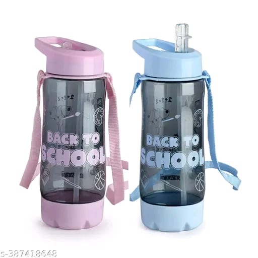SPACE School Trendy 600ML water bottle with Straw & Belt for kids | School Bottle | Picnic Bottle |Sipper Bottle | Kids waterbag ( Pack of 2, Pink & Blue)