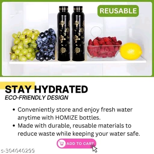 HOMIZE Plastic Water Bottle Set | Water Bottle for Office | 1 Litre | Refrigerator Water Bottle | Fridge Water Bottle 6 Pieces | Golden Flower Black Design Water Bottle