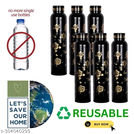 HOMIZE Plastic Water Bottle Set | Water Bottle for Office | 1 Litre | Refrigerator Water Bottle | Fridge Water Bottle 6 Pieces | Golden Flower Black Design Water Bottle