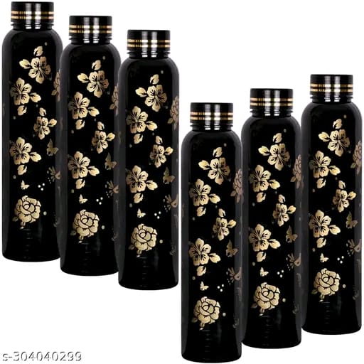HOMIZE Plastic Water Bottle Set | Water Bottle for Office | 1 Litre | Refrigerator Water Bottle | Fridge Water Bottle 6 Pieces | Golden Flower Black Design Water Bottle