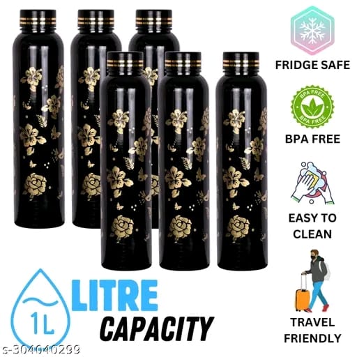 HOMIZE Plastic Water Bottle Set | Water Bottle for Office | 1 Litre | Refrigerator Water Bottle | Fridge Water Bottle 6 Pieces | Golden Flower Black Design Water Bottle