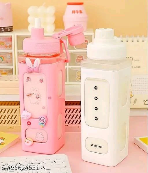 Stysol Large Kawaii Water Bottle With Straw And 3D Stickers Cute Aesthetic Bottle Kawaii Milk Bottle Tea Cup Juice Shaker Leakproof Square Drinking Bottle