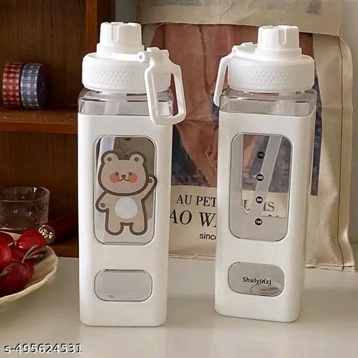 Stysol Large Kawaii Water Bottle With Straw And 3D Stickers Cute Aesthetic Bottle Kawaii Milk Bottle Tea Cup Juice Shaker Leakproof Square Drinking Bottle