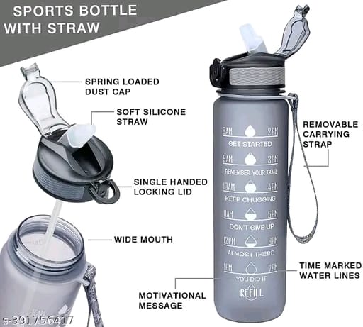 PAYABLE 1L Sipper Water Bottle with Motivational Time Marker, Sipper Bottle for Adults, Water bottle for Gym, Office With Drinking Water Reminder