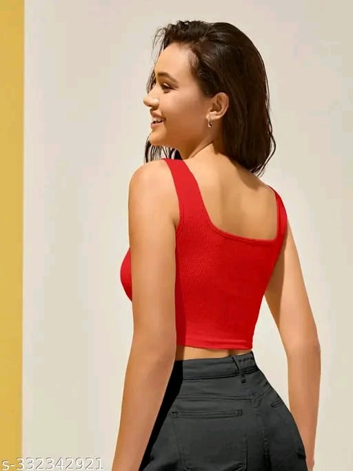 Cotton Blend Casual Sleeveless Solid Women Crop Top
