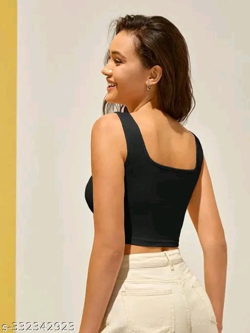 Cotton Blend Casual Sleeveless Solid Women Crop Top