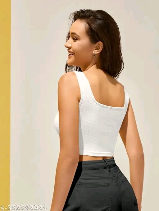 Cotton Blend Casual Sleeveless Solid Women Crop Top
