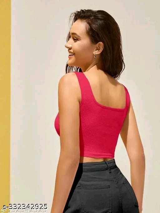 Cotton Blend Casual Sleeveless Solid Women Crop Top