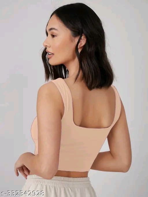 Cotton Blend Casual Sleeveless Solid Women Crop Top