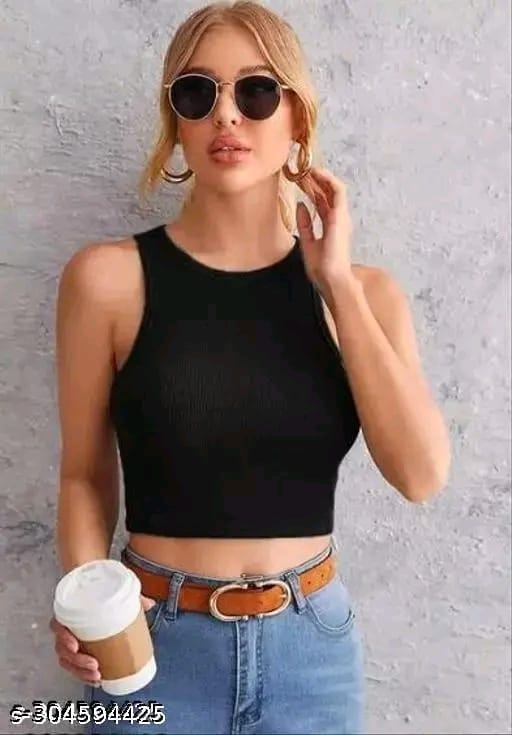 Women's Solid Ribbed/knitted Sleeveless Stretchable Slim Fit "Crop Black Tank Top"