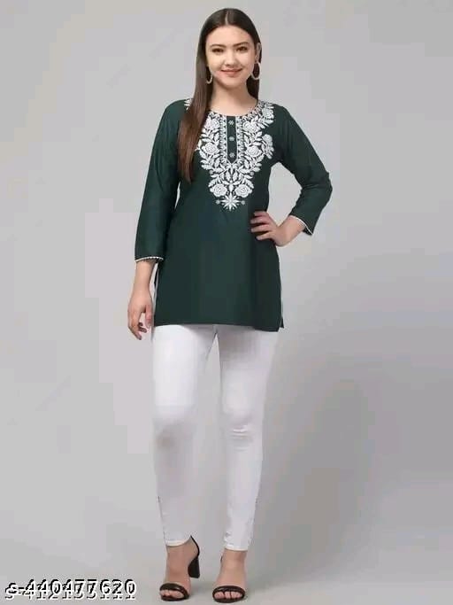 Timorous Fashion: Elegant Rayon Short Kurtis with Embroidery (XS-XXL)