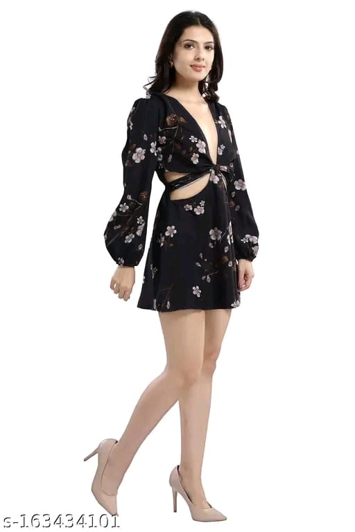 Cherrylavish Blue & White Floral Printed Poly Crepe Fit & Flare Mini Dress for women