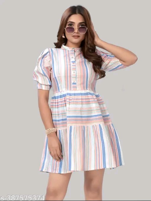 ZELZIS Women Cotton Stripe Fit & Flare Orange Dress