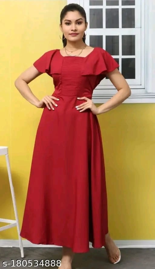 Ladik Way New Trendy Plus Size Red Solid Maxi Dress with Pintuck Design – Round Neck, Short Flutter Sleeves, Flared Hem, Full-Length Poly Crepe Gown | Machine Washable
