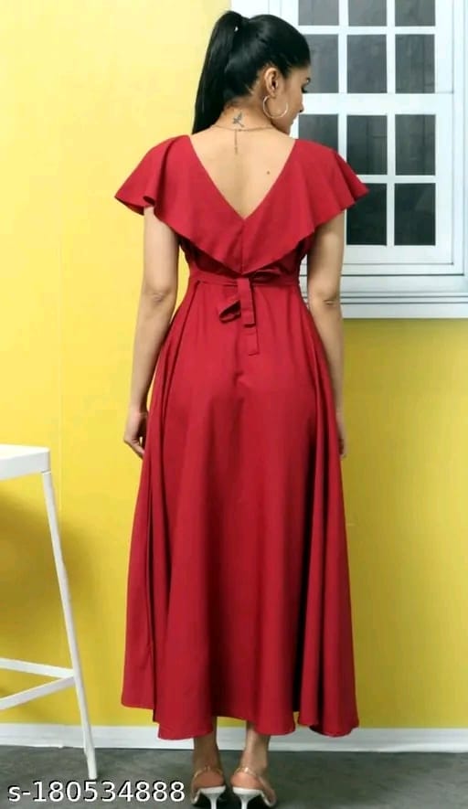 Ladik Way New Trendy Plus Size Red Solid Maxi Dress with Pintuck Design – Round Neck, Short Flutter Sleeves, Flared Hem, Full-Length Poly Crepe Gown | Machine Washable