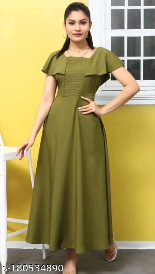 Ladik Way New Trendy Plus Size Red Solid Maxi Dress with Pintuck Design – Round Neck, Short Flutter Sleeves, Flared Hem, Full-Length Poly Crepe Gown | Machine Washable