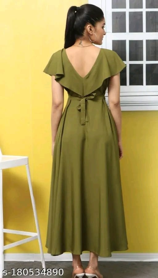 Ladik Way New Trendy Plus Size Red Solid Maxi Dress with Pintuck Design – Round Neck, Short Flutter Sleeves, Flared Hem, Full-Length Poly Crepe Gown | Machine Washable