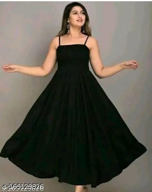 Women Fit and Flare Strip Shoulder Rayon "one piece Gown"dress for woman"(Black)