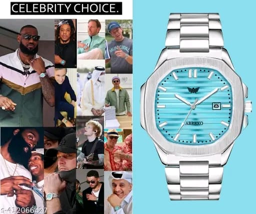 ABREXO Abx7001-Sky Blue 3D Dial Date Working Silver Stainless Steel Watch Nautilus Series Analog Quartz Wrist Watch