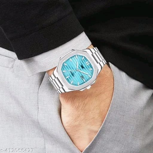 ABREXO Abx7001-Sky Blue 3D Dial Date Working Silver Stainless Steel Watch Nautilus Series Analog Quartz Wrist Watch