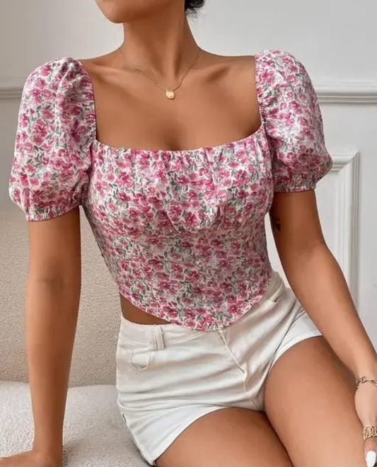 FC Floral Print Square Neck Puff Sleeve TOP