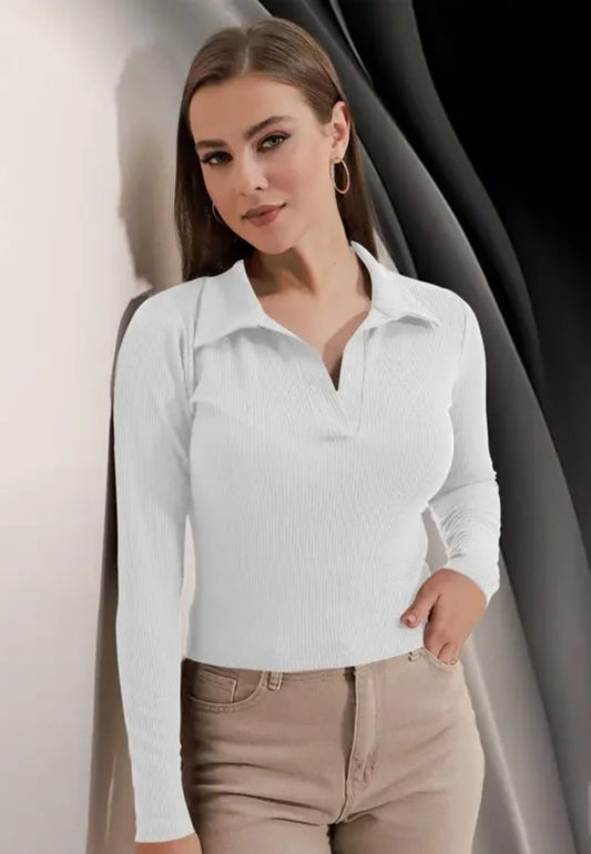 Casual Polyester Blend Ribbed Collar V-Neck & Regular Long Sleeves Stylish Coffee Top (20"Inches)