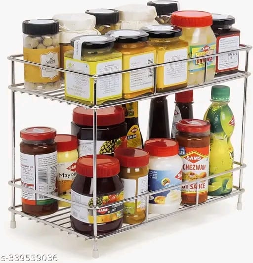 SMART HOMES Multipurpose Storage Organizer Stainless Steel 2 Layer Storage Organizer Rack for Kitchen Standing Rack Shelf Storage Holder Kitchen Rack/Spice Shelf/Kitchen Racks/Pantry Storage Organizer/Spice Rack Set for Kitchen/(Silver-Chrome)