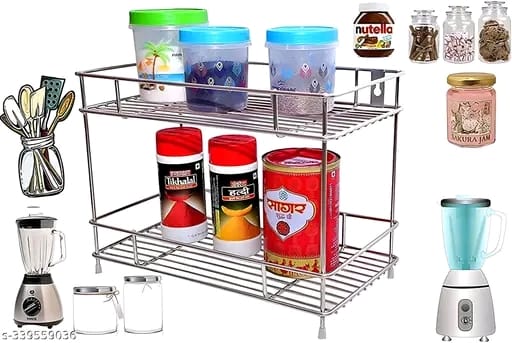 SMART HOMES Multipurpose Storage Organizer Stainless Steel 2 Layer Storage Organizer Rack for Kitchen Standing Rack Shelf Storage Holder Kitchen Rack/Spice Shelf/Kitchen Racks/Pantry Storage Organizer/Spice Rack Set for Kitchen/(Silver-Chrome)
