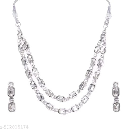 Multilayer Emerald White color necklace earrings Statement American Diamond,Indian Jewelry , Wedding jewellery