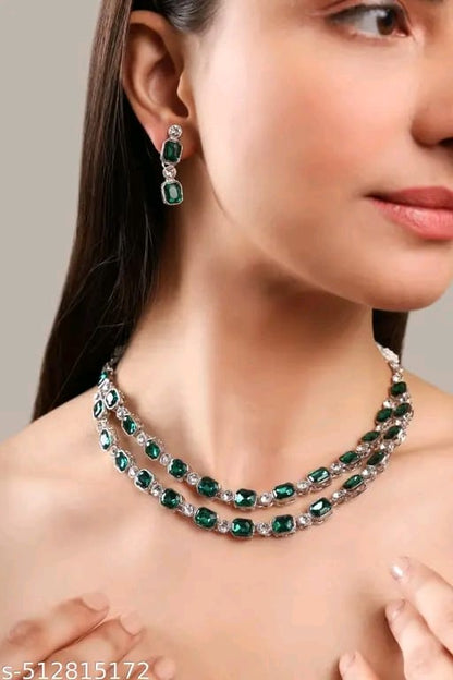 Multilayer Emerald White color necklace earrings Statement American Diamond,Indian Jewelry , Wedding jewellery