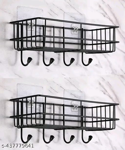 Bathroom Rack - Bathroom Shelves - Kitchen Storage – Self Adhesive Bathroom Shelf and Shampoo Holder with 4 Hook Adhesive Shower Caddy Metal Shelf (Pack of 2)