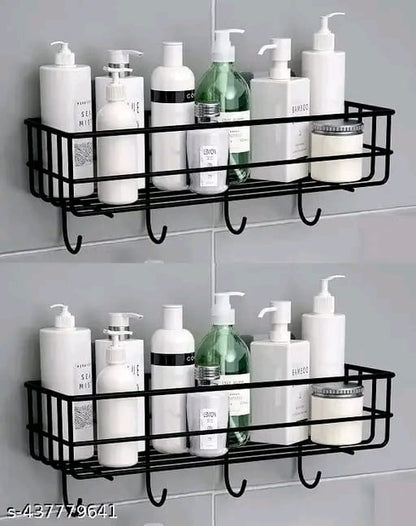 Bathroom Rack - Bathroom Shelves - Kitchen Storage – Self Adhesive Bathroom Shelf and Shampoo Holder with 4 Hook Adhesive Shower Caddy Metal Shelf (Pack of 2)