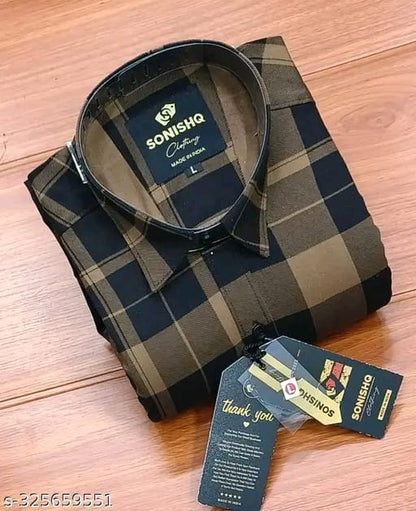 Men's Party Wear Casual Solid Full Sleeves Printed Cotton Premium Graphic Checked Shirt (Gold) By Sonishq