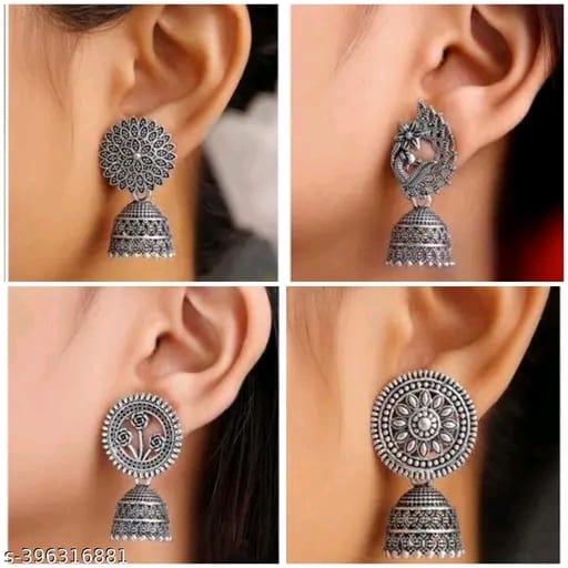 '' Silver Plated Earrings Set Combo of 4 Silver Color Earrings | Girls' and Women's Wear Accessories Gift Set for Special Occasions Wedding and Engagement Accessories |Modern Jhumki Earrings Combo