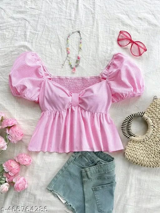 Cotton Stripe Puff Sleeve Shirt With Bow Tie, Peter Pan Crop Top Pink