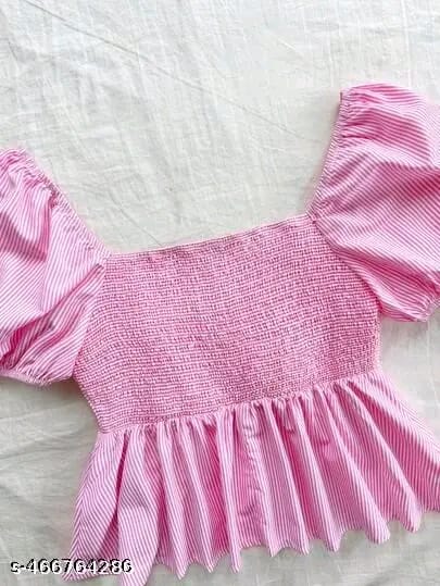 Cotton Stripe Puff Sleeve Shirt With Bow Tie, Peter Pan Crop Top Pink