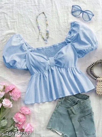 Cotton Stripe Puff Sleeve Shirt With Bow Tie, Peter Pan Crop Top Pink