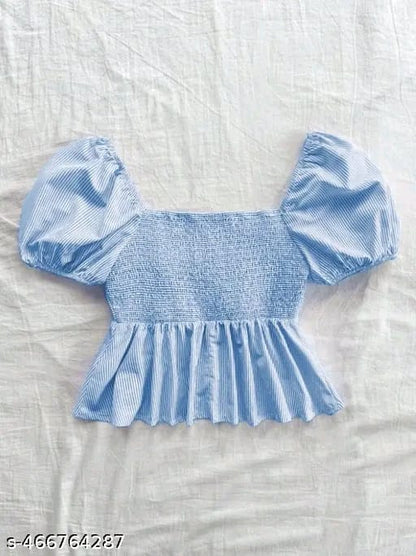 Cotton Stripe Puff Sleeve Shirt With Bow Tie, Peter Pan Crop Top Pink