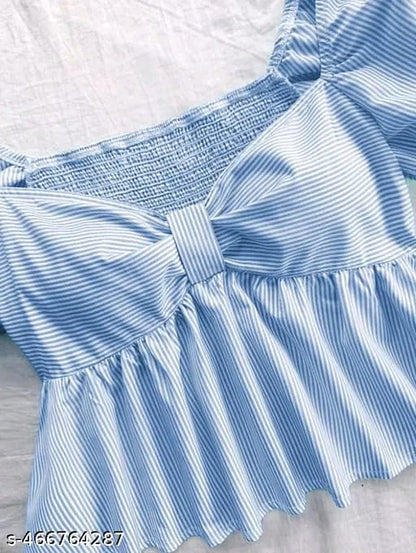 Cotton Stripe Puff Sleeve Shirt With Bow Tie, Peter Pan Crop Top Pink