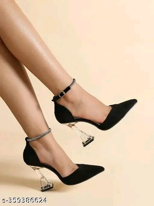 Women & Girls Black Rhinestone Decor Heels