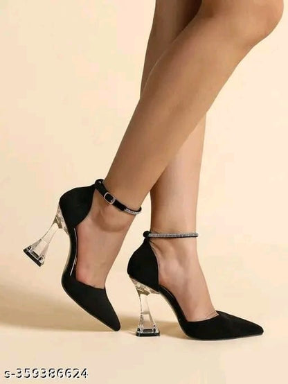 Women & Girls Black Rhinestone Decor Heels