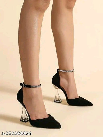Women & Girls Black Rhinestone Decor Heels