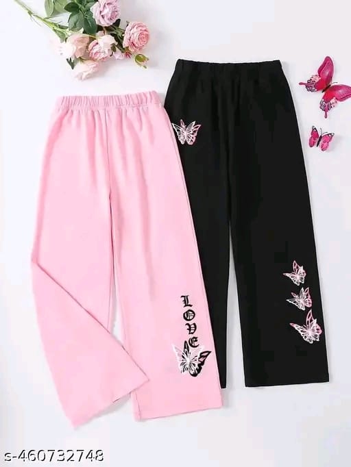 Girls Trendy Butterflies Graphic Print Wide Leg Pants For Spring & Summer- 2pcs/set