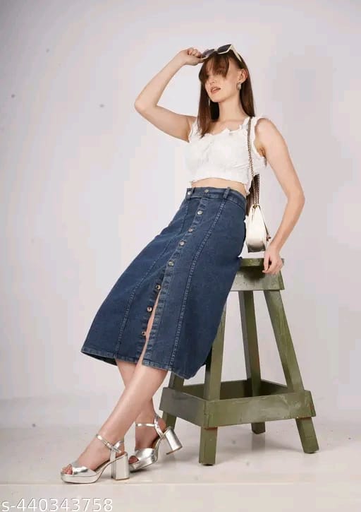 Stretch High Waisted Two Button Up Flared Dobby Denim Skirt For Women & Girls