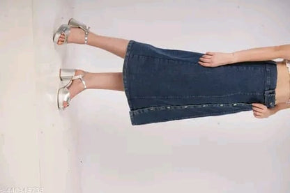 Stretch High Waisted Two Button Up Flared Dobby Denim Skirt For Women & Girls