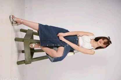 Stretch High Waisted Two Button Up Flared Dobby Denim Skirt For Women & Girls
