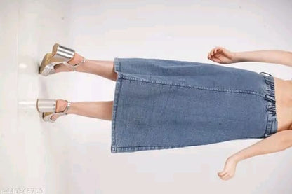 Stretch High Waisted Two Button Up Flared Dobby Denim Skirt For Women & Girls