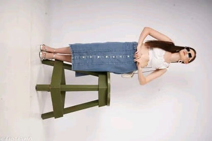 Stretch High Waisted Two Button Up Flared Dobby Denim Skirt For Women & Girls