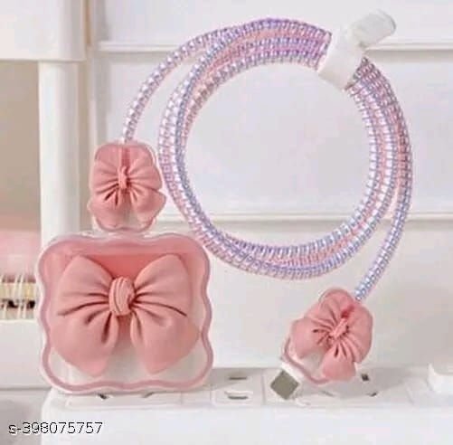 3D Cute Heart Pattern for i Phone Charger only 18W & 20W, Data Line Wire Saver Charging Cable Charger Protective Cable,Full Protection Cover 5 in 1- Purple-Bow